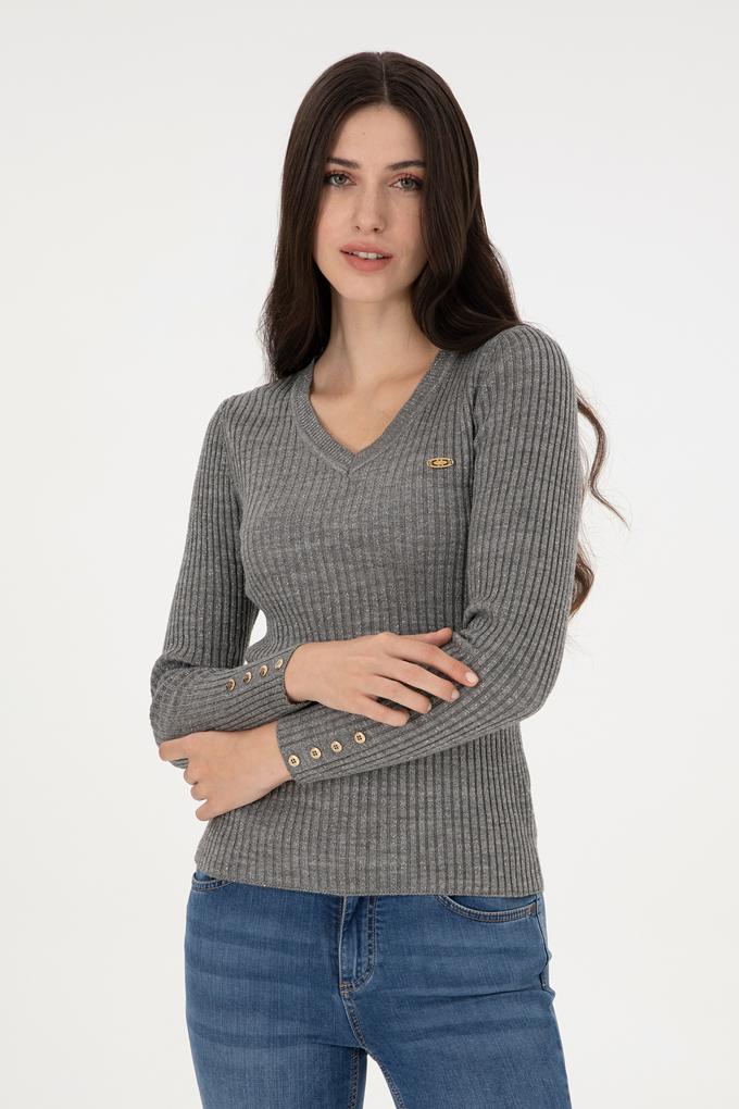 Kadın Gri Melanj V Yaka Simli Kazak