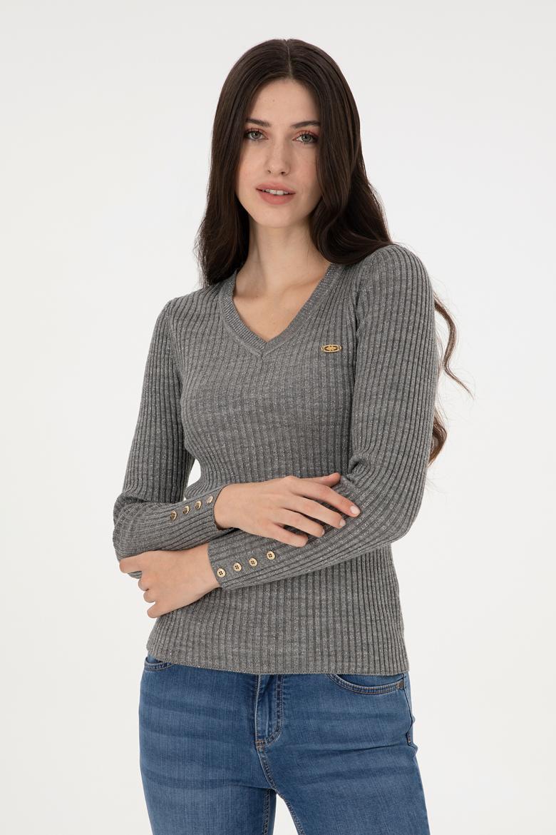 Kadın Gri Melanj V Yaka Simli Kazak - 50297398017