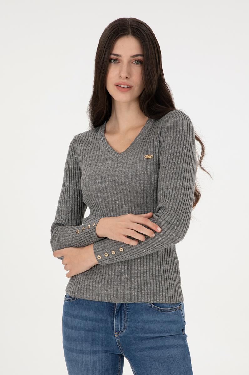 Kadın Gri Melanj V Yaka Simli Kazak