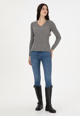 Kadın Gri Melanj V Yaka Simli Kazak - 50297398017