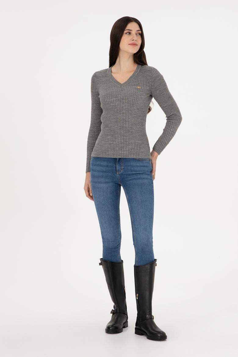 Kadın Gri Melanj V Yaka Simli Kazak - 50297398017