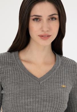 Kadın Gri Melanj V Yaka Simli Kazak - 50297398017