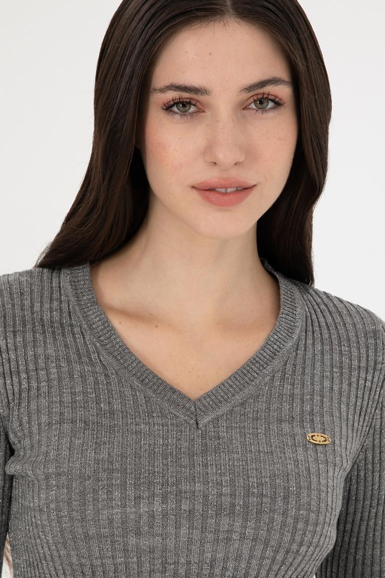 Kadın Gri Melanj V Yaka Simli Kazak - 50297398017