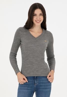 Kadın Gri Melanj V Yaka Simli Kazak - 50297398017