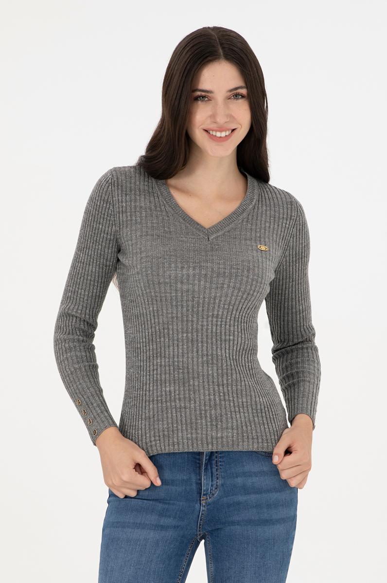 Kadın Gri Melanj V Yaka Simli Kazak