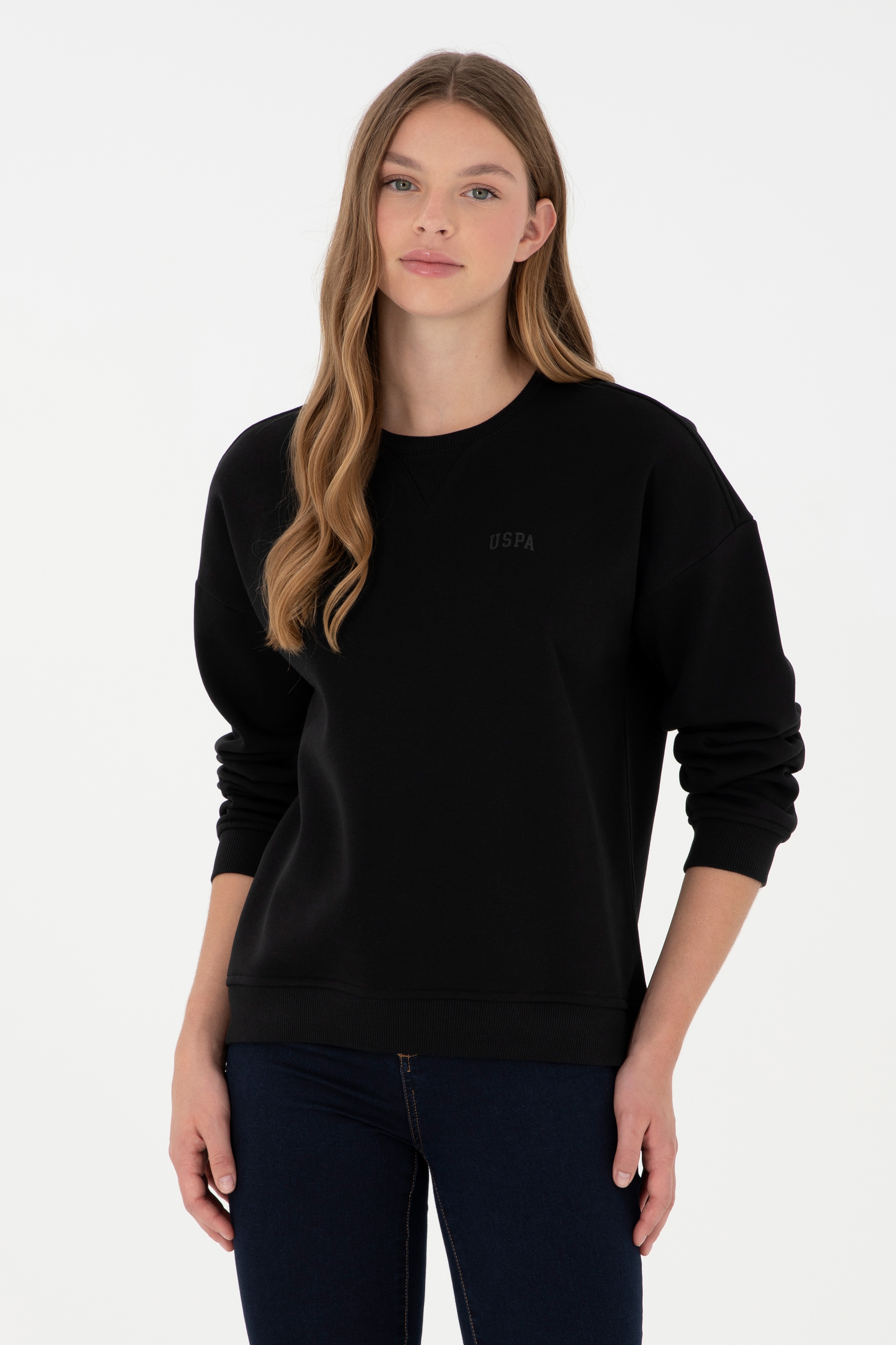 Kadın Siyah Basic Bisiklet Yaka Sweatshirt - Image 1