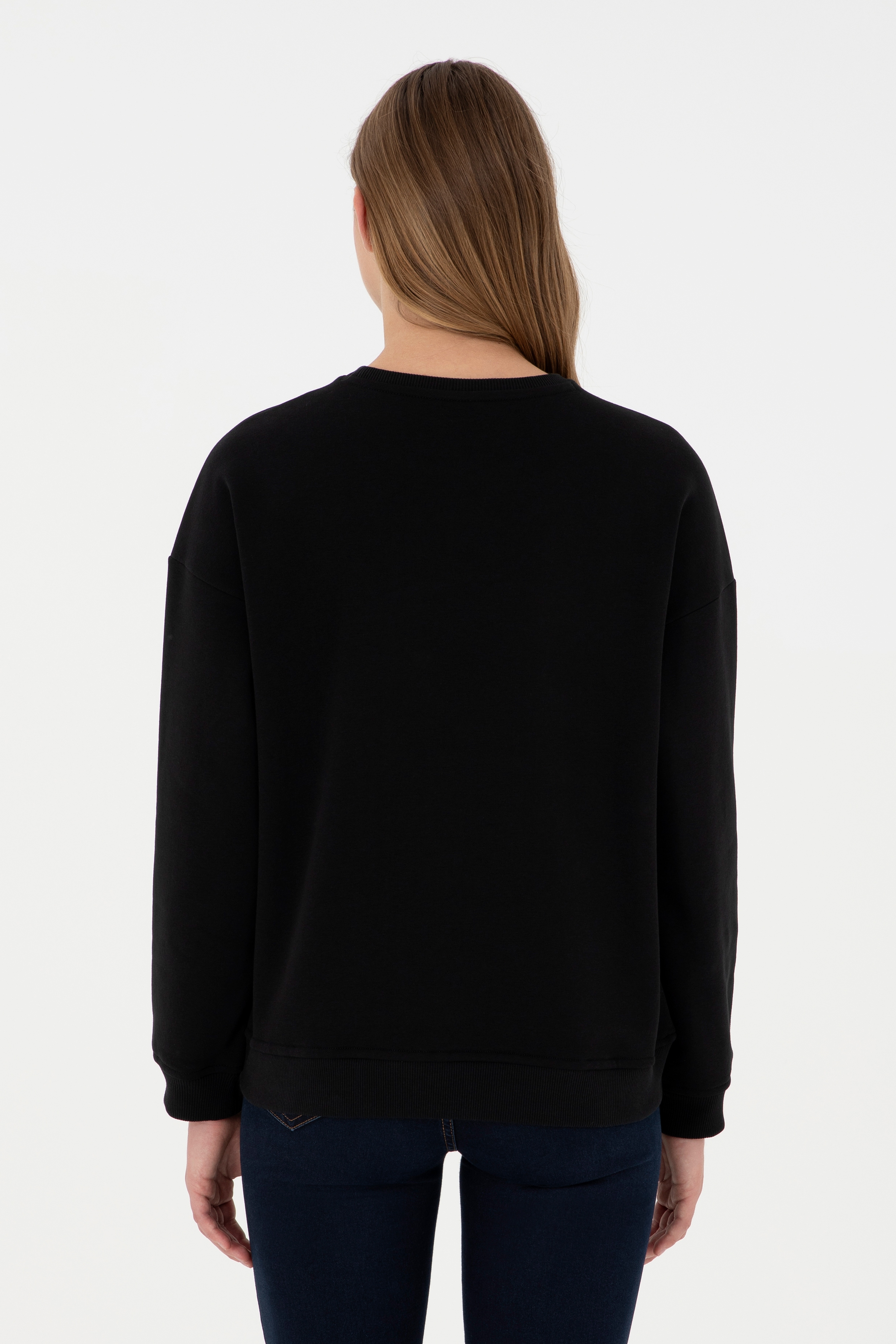 Kadın Siyah Basic Bisiklet Yaka Sweatshirt