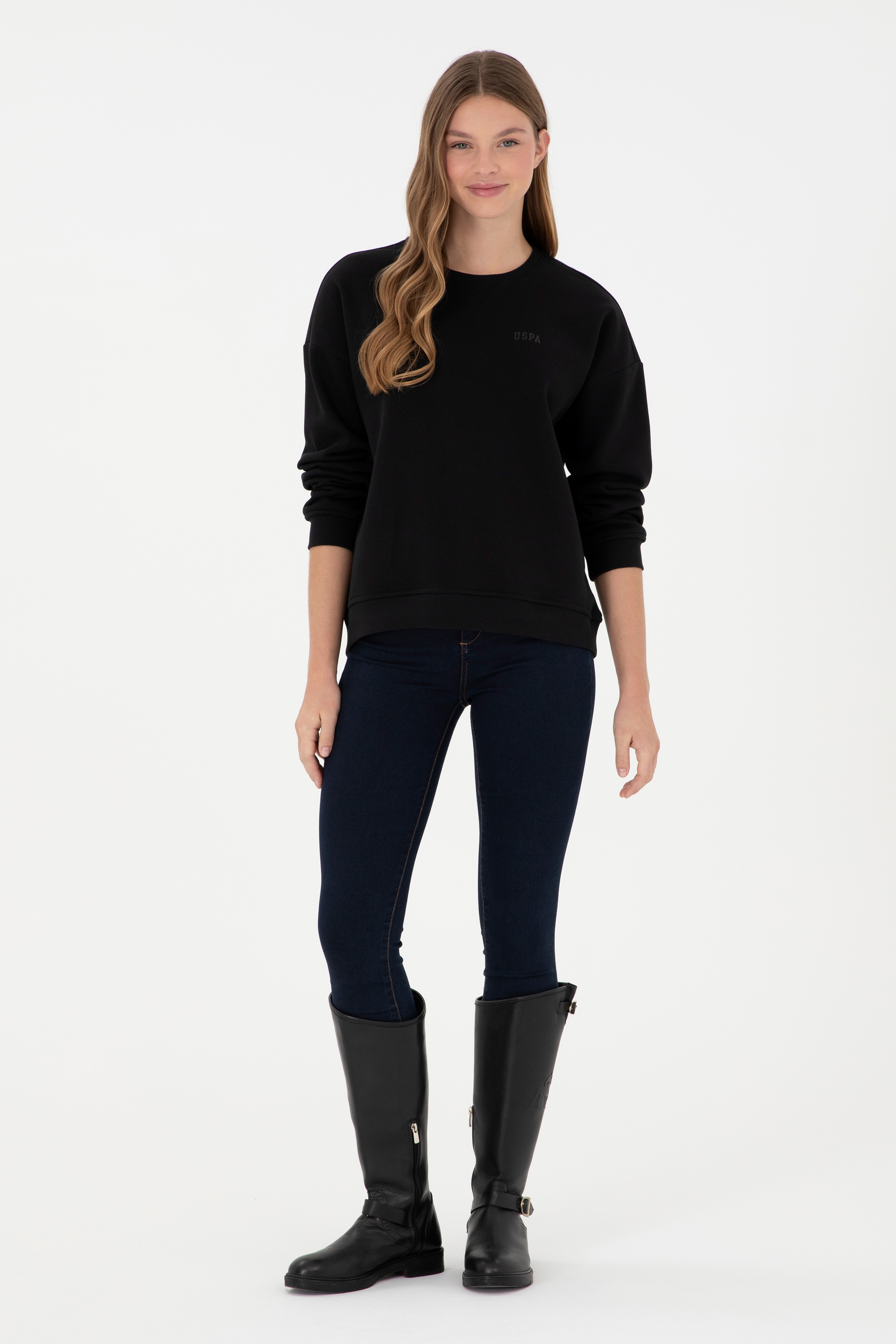 Kadın Siyah Basic Bisiklet Yaka Sweatshirt