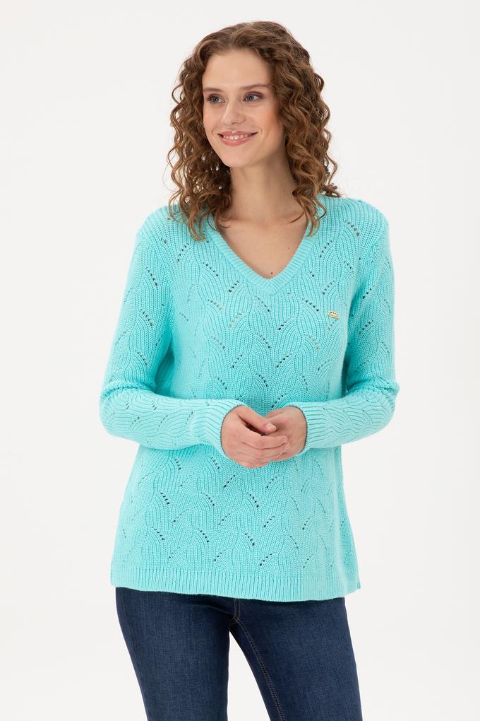 Kadın Su Yeşili V Yaka Kazak