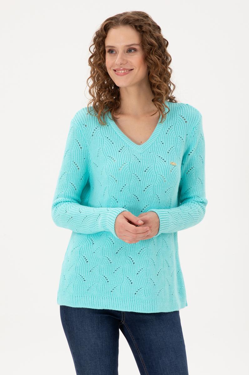 Kadın Su Yeşili V Yaka Kazak
