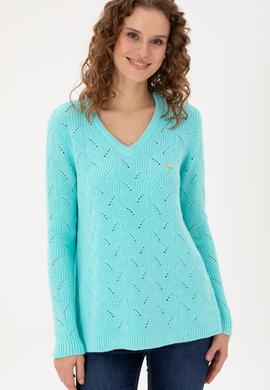 Kadın Su Yeşili V Yaka Kazak - 50297399003
