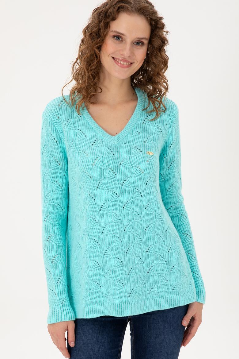 Kadın Su Yeşili V Yaka Kazak - 50297399003
