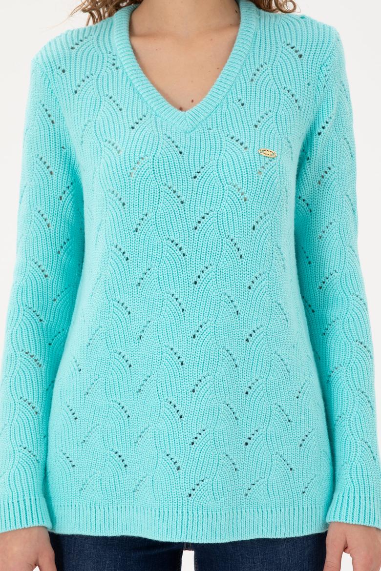 Kadın Su Yeşili V Yaka Kazak - 50297399003