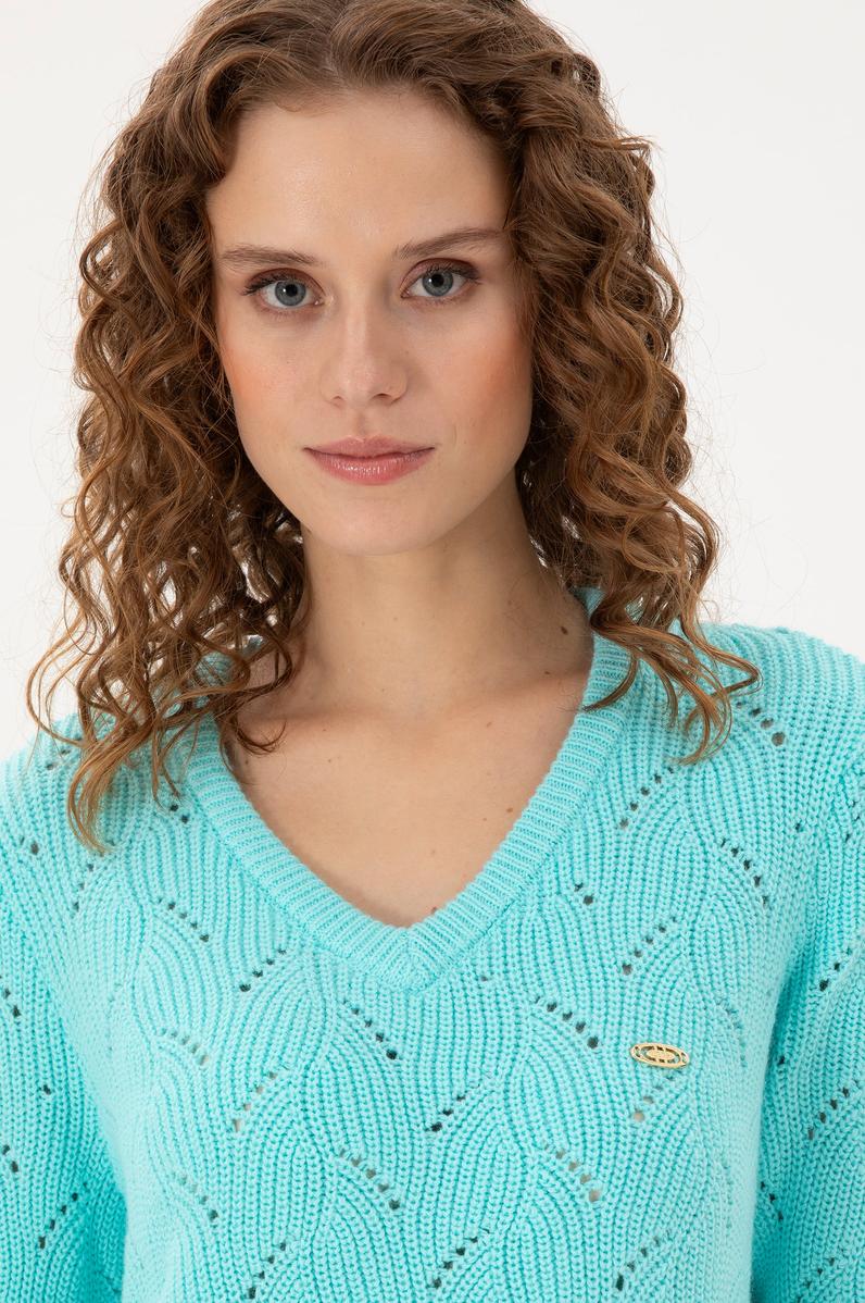 Kadın Su Yeşili V Yaka Kazak
