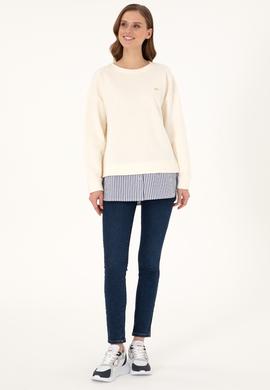 Kadın Krem Gömlek Detaylı Bisiklet Yaka Sweatshirt - 50299007013