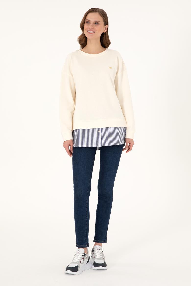 Kadın Krem Gömlek Detaylı Bisiklet Yaka Sweatshirt - 50299007013