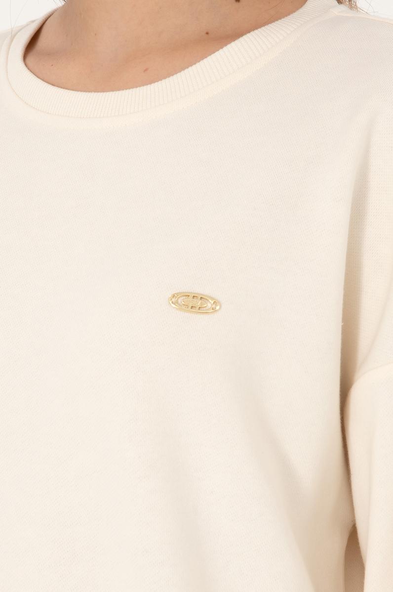 Kadın Krem Gömlek Detaylı Bisiklet Yaka Sweatshirt