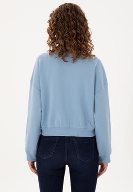 Kadın Açık Mavi Bisiklet Yaka Fermuarlı Sweatshirt - 50299000006