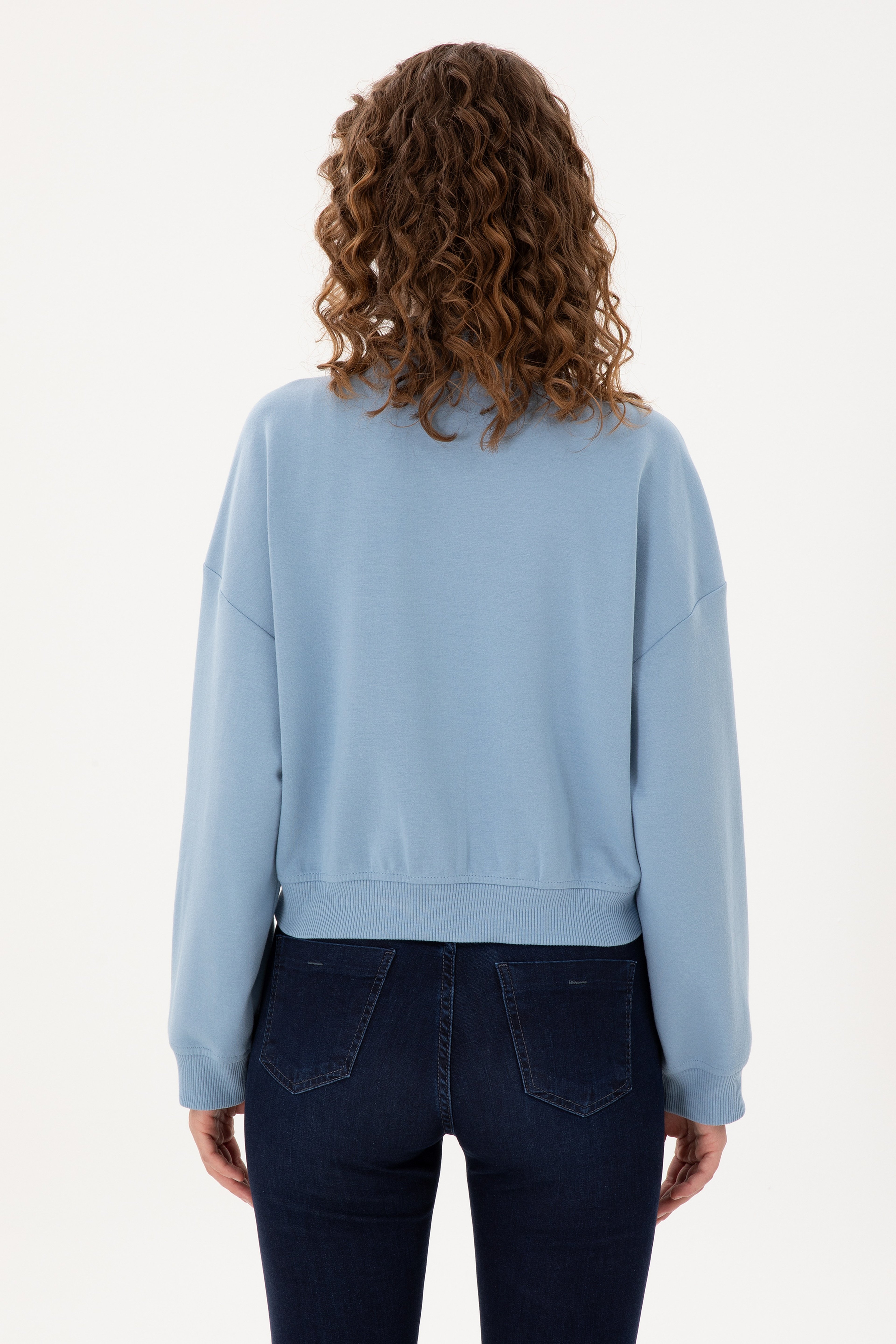 Kadın Açık Mavi Bisiklet Yaka Fermuarlı Sweatshirt - Image 5