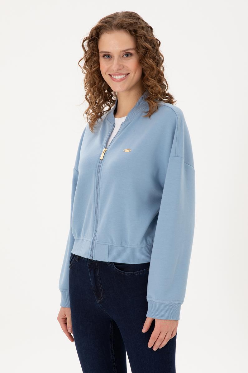 Kadın Açık Mavi Bisiklet Yaka Fermuarlı Sweatshirt