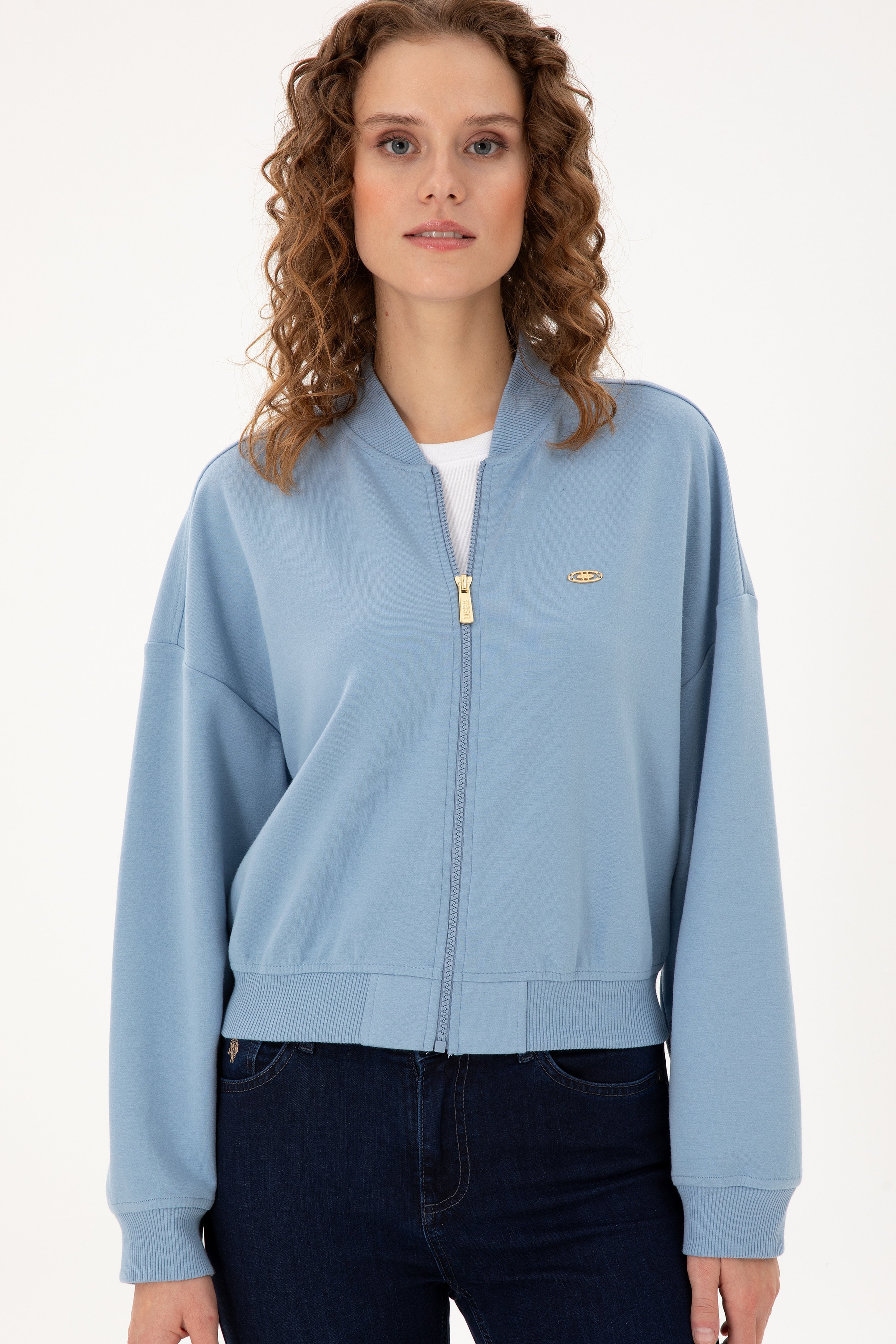 Kadın Açık Mavi Bisiklet Yaka Fermuarlı Sweatshirt - Image 3