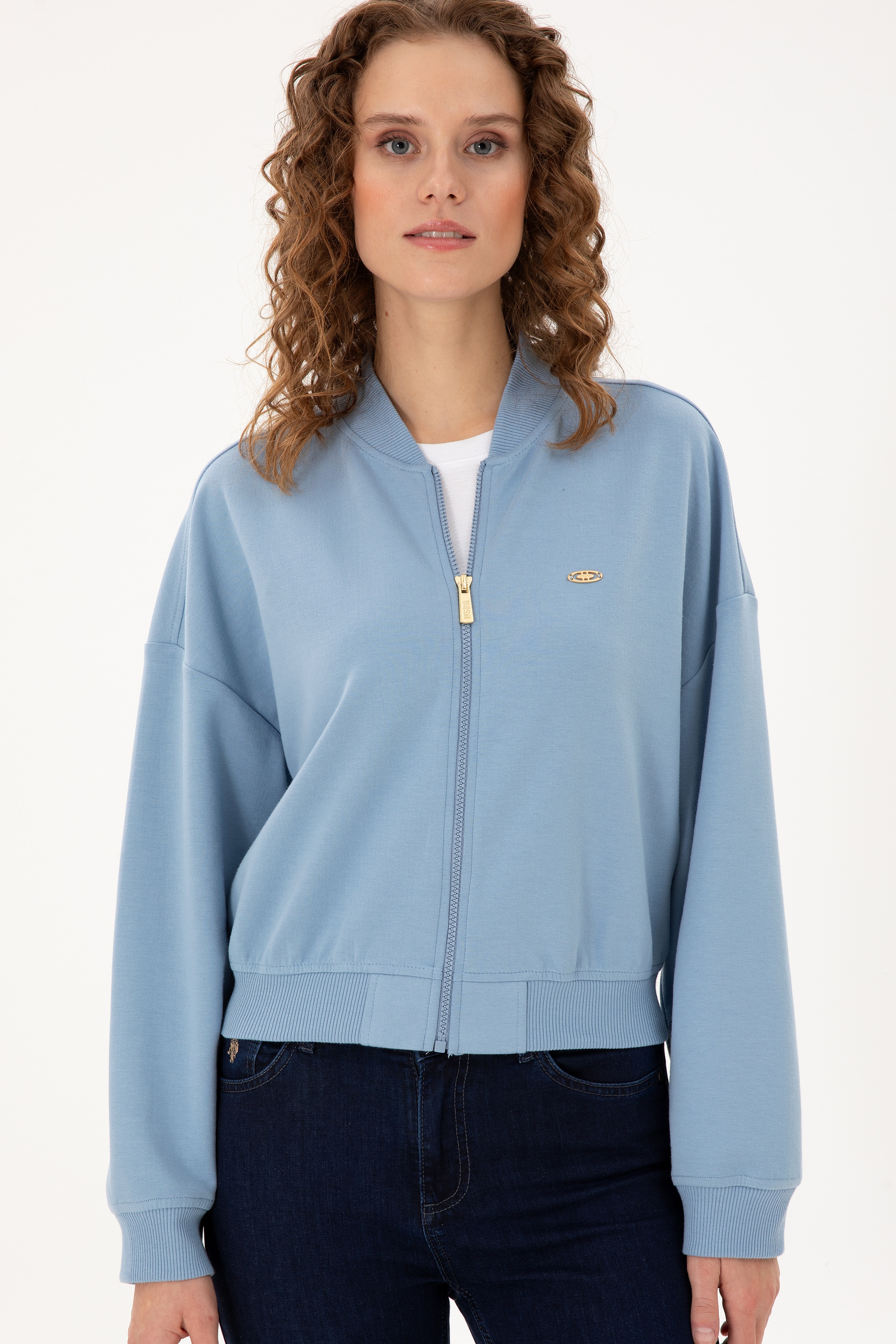 Kadın Açık Mavi Bisiklet Yaka Fermuarlı Sweatshirt