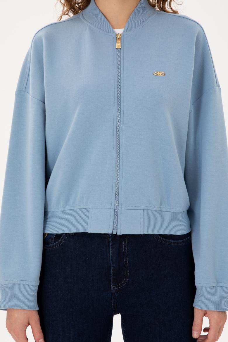 Kadın Açık Mavi Bisiklet Yaka Fermuarlı Sweatshirt - 50299000006