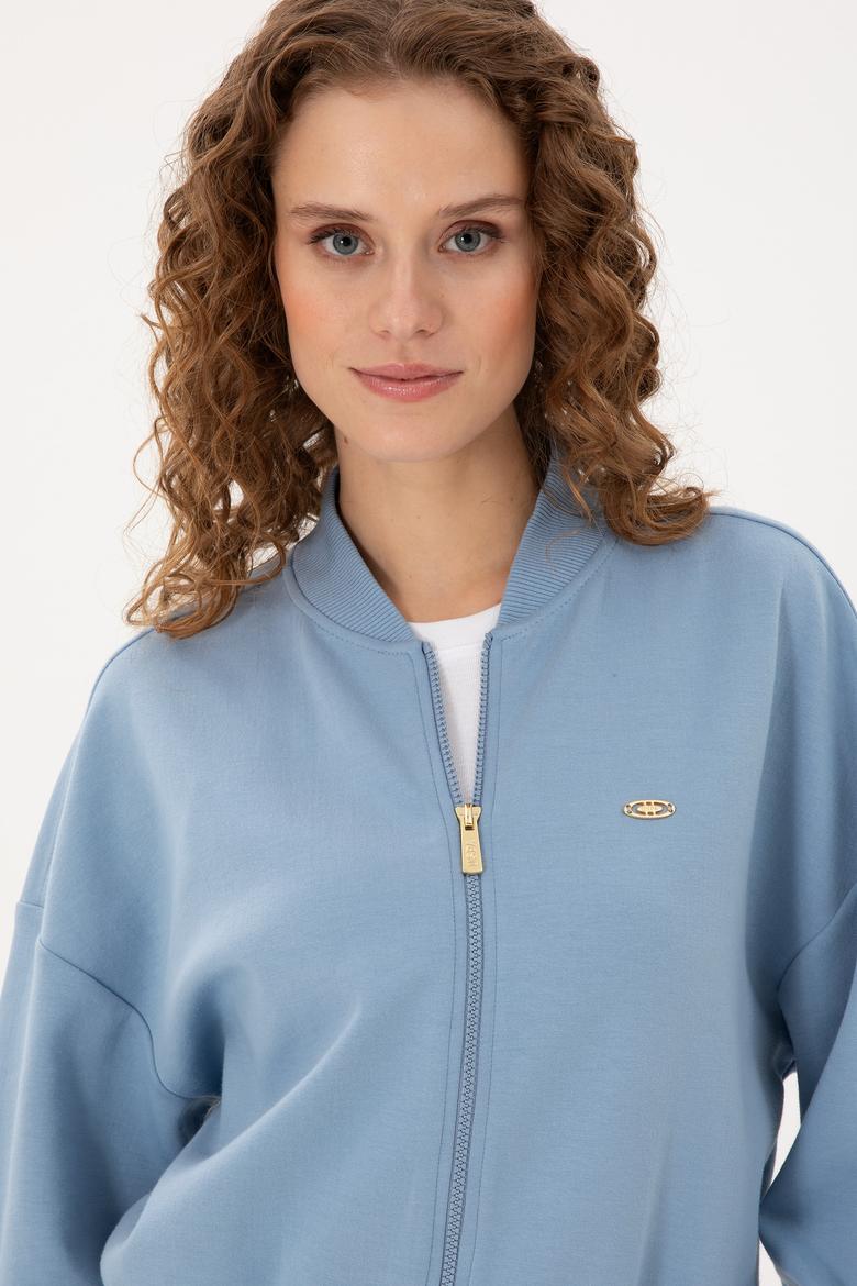 Kadın Açık Mavi Bisiklet Yaka Fermuarlı Sweatshirt - 50299000006