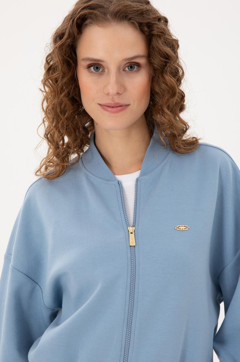 Kadın Açık Mavi Bisiklet Yaka Fermuarlı Sweatshirt