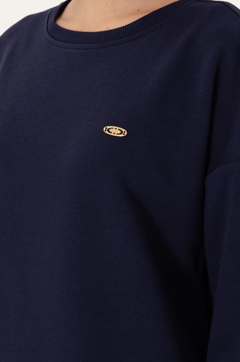 Kadın Lacivert Gömlek Detaylı Bisiklet Yaka Sweatshirt