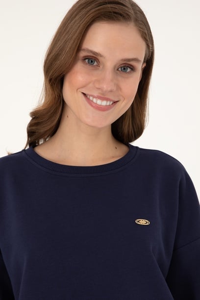 Kadın Lacivert Gömlek Detaylı Bisiklet Yaka Sweatshirt