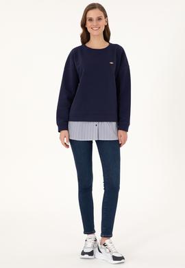 Kadın Lacivert Gömlek Detaylı Bisiklet Yaka Sweatshirt - 50299007006