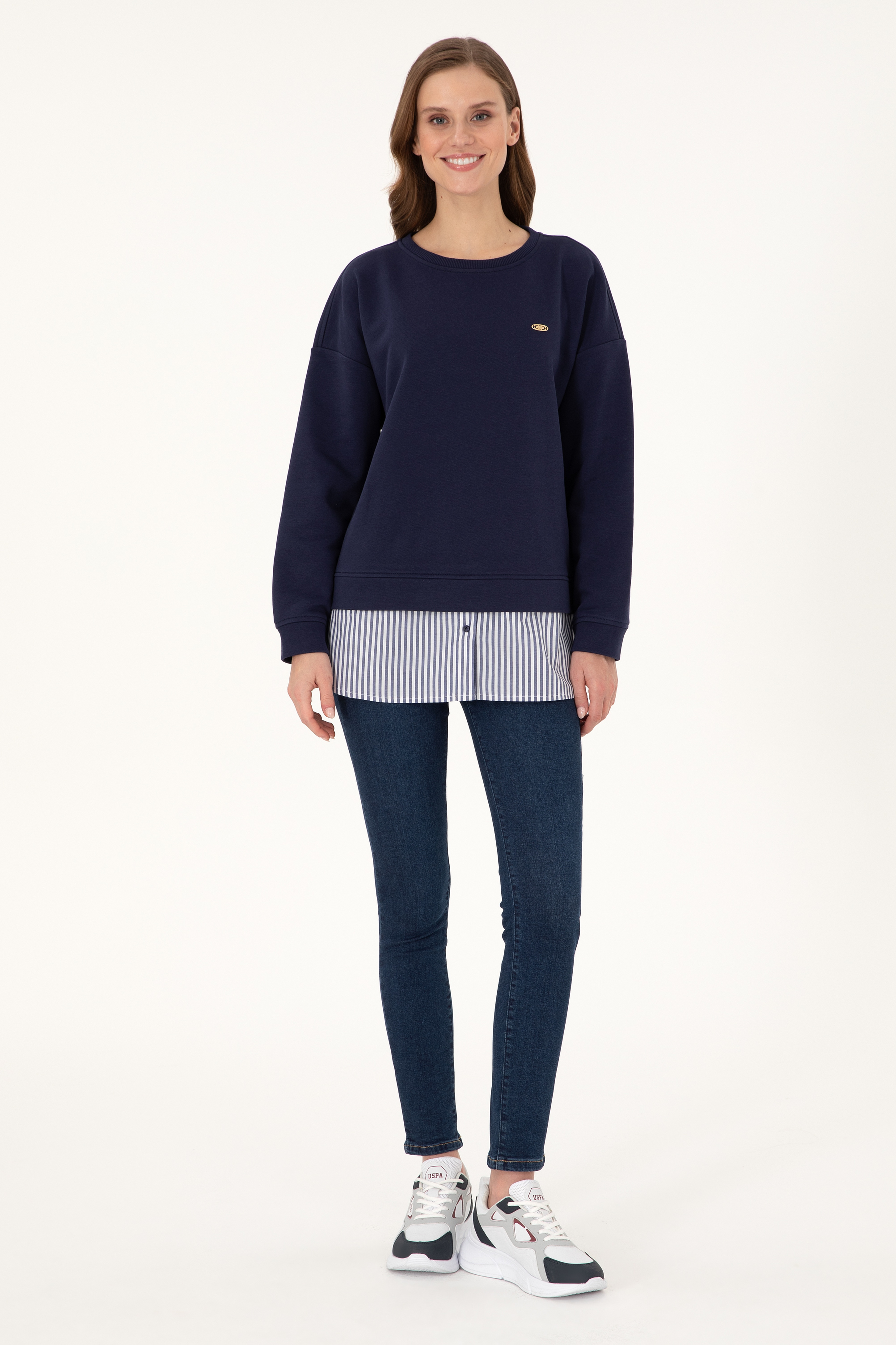 Kadın Lacivert Gömlek Detaylı Bisiklet Yaka Sweatshirt
