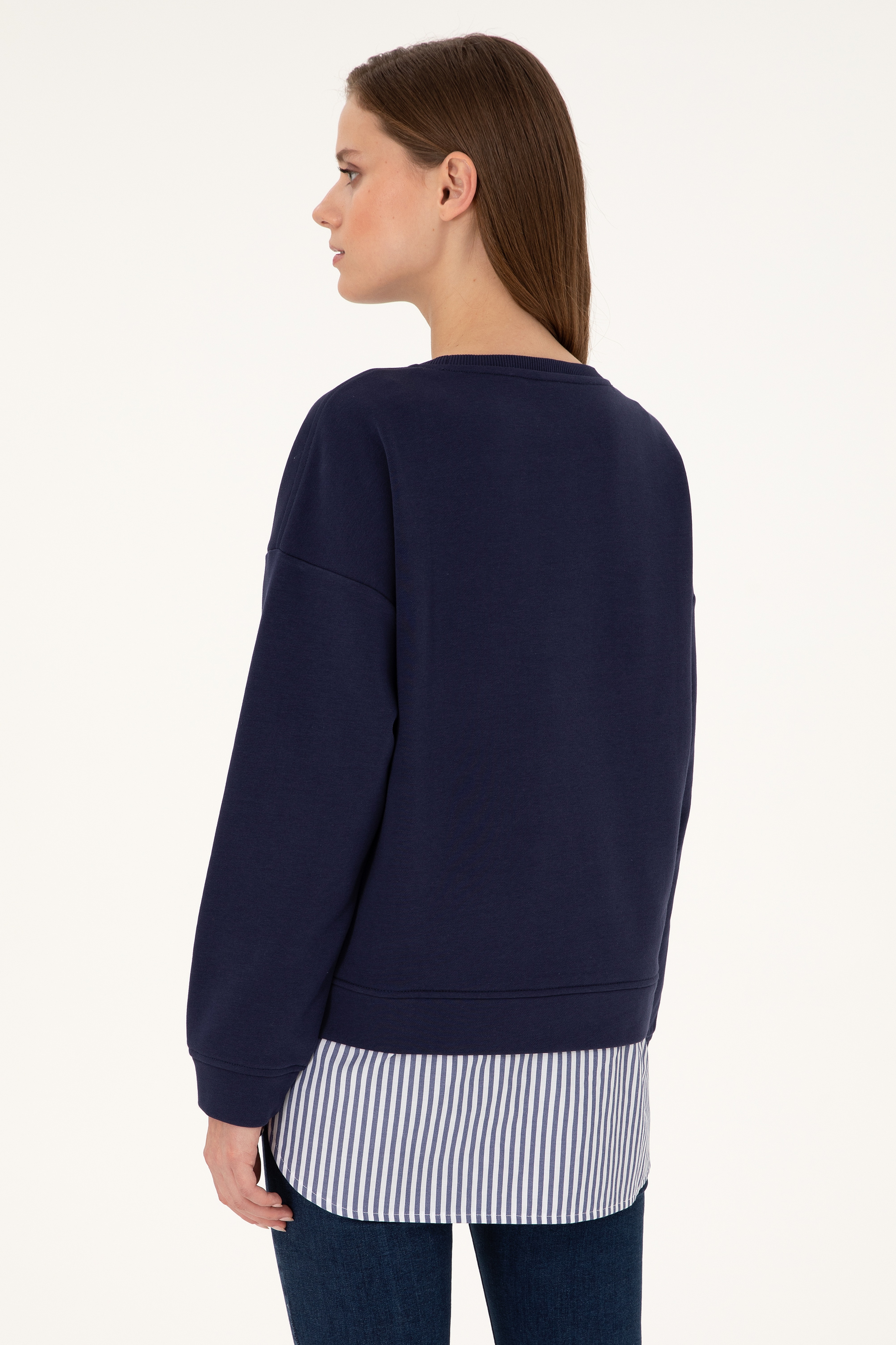 Kadın Lacivert Gömlek Detaylı Bisiklet Yaka Sweatshirt
