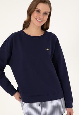 Kadın Lacivert Gömlek Detaylı Bisiklet Yaka Sweatshirt - 50299007006