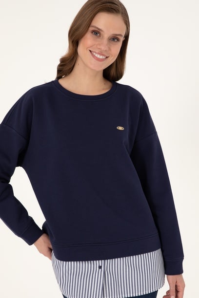 Kadın Lacivert Gömlek Detaylı Bisiklet Yaka Sweatshirt