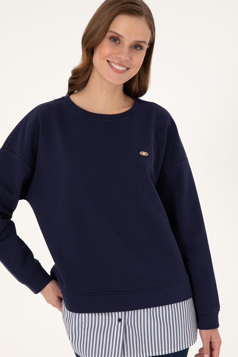 Kadın Lacivert Gömlek Detaylı Bisiklet Yaka Sweatshirt - 50299007006