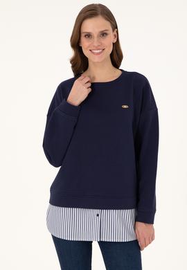 Kadın Lacivert Gömlek Detaylı Bisiklet Yaka Sweatshirt - 50299007006