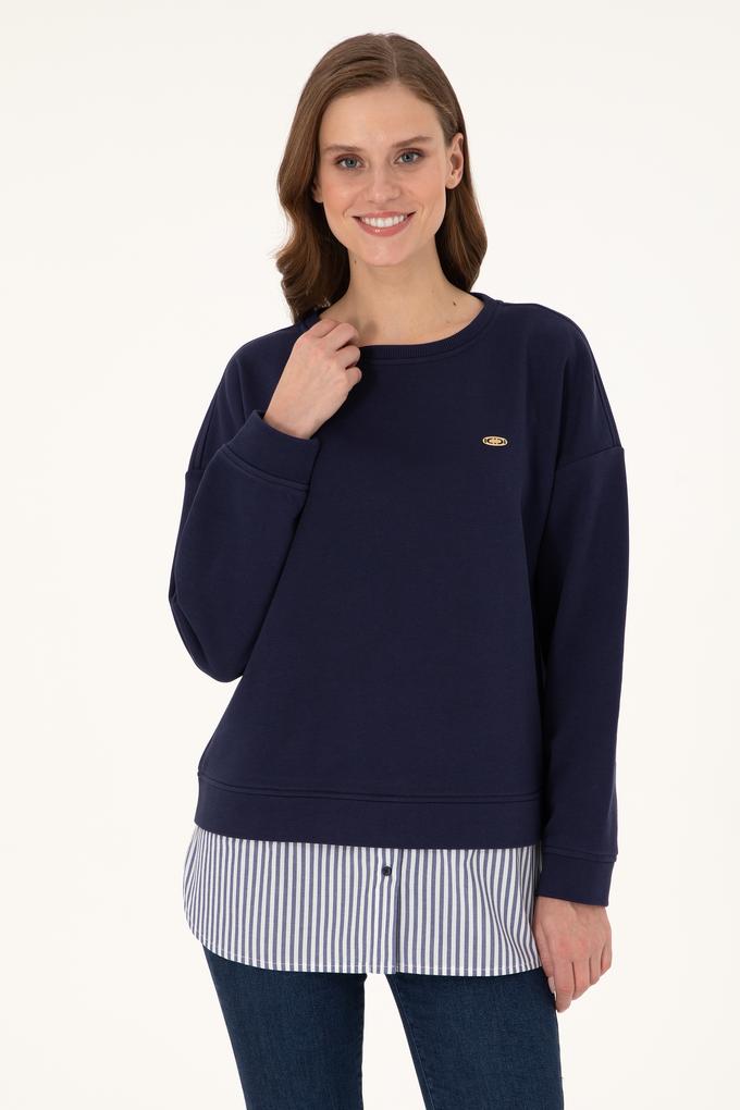 Kadın Lacivert Gömlek Detaylı Bisiklet Yaka Sweatshirt