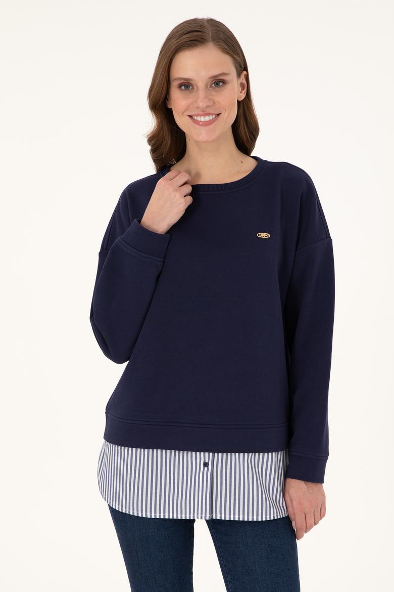 Kadın Lacivert Gömlek Detaylı Bisiklet Yaka Sweatshirt