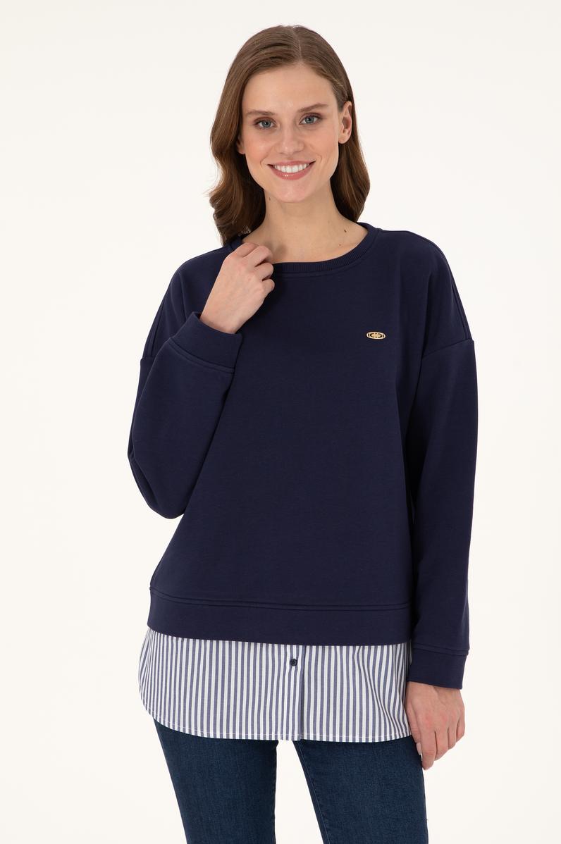 Kadın Lacivert Gömlek Detaylı Bisiklet Yaka Sweatshirt