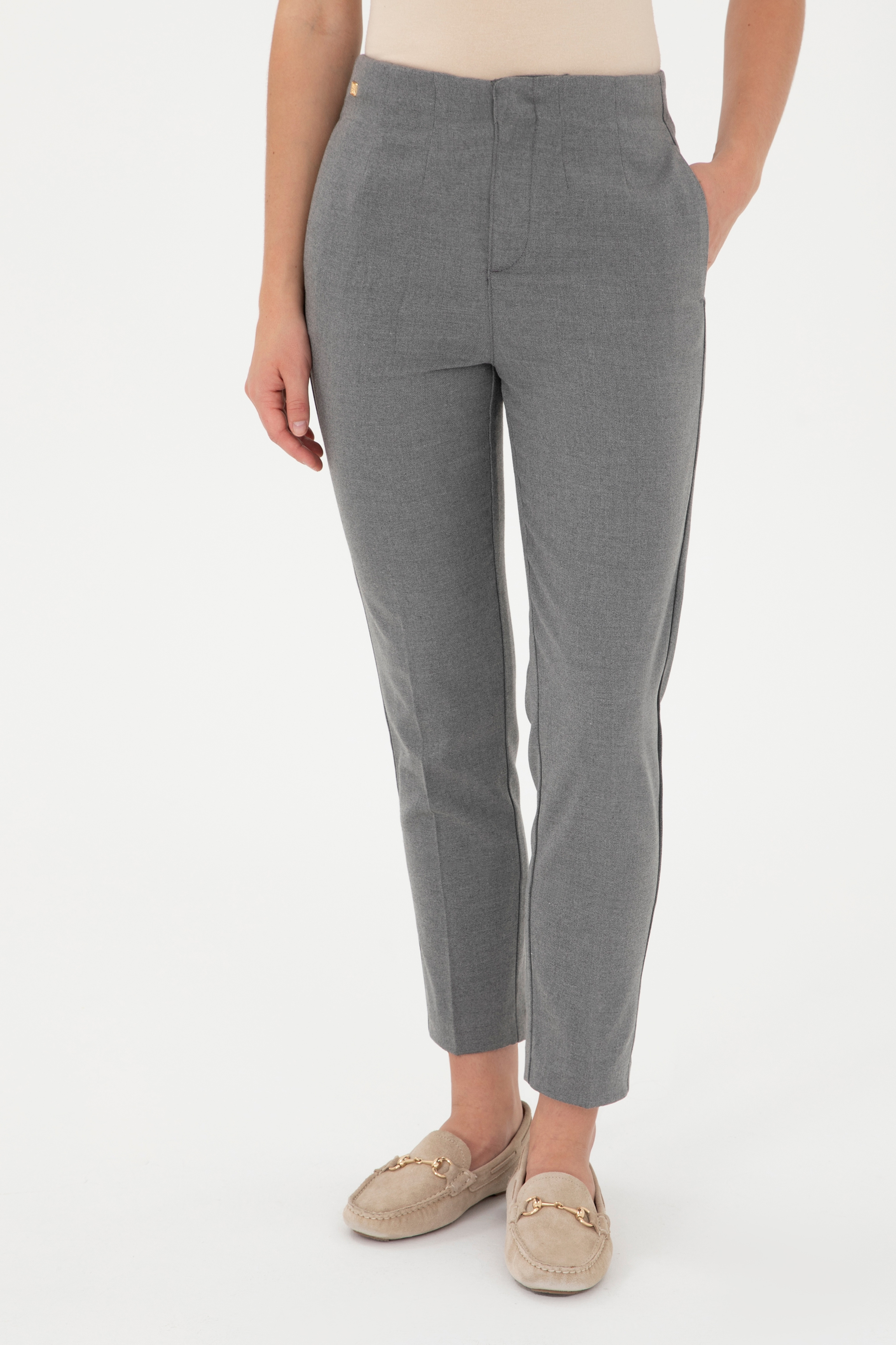 Kadın Gri Kanvas Carrot High Waist Fit Kanvas Pantolon