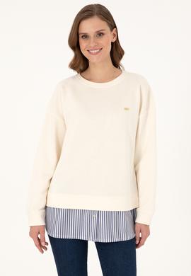 Kadın Krem Gömlek Detaylı Bisiklet Yaka Sweatshirt - 50299007013