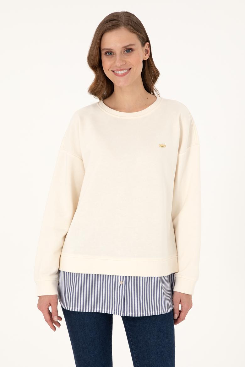 Kadın Krem Gömlek Detaylı Bisiklet Yaka Sweatshirt