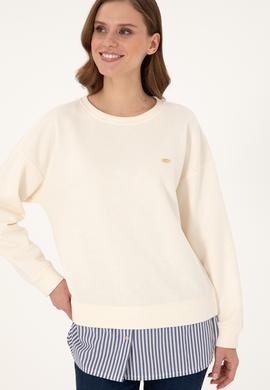 Kadın Krem Gömlek Detaylı Bisiklet Yaka Sweatshirt - 50299007013