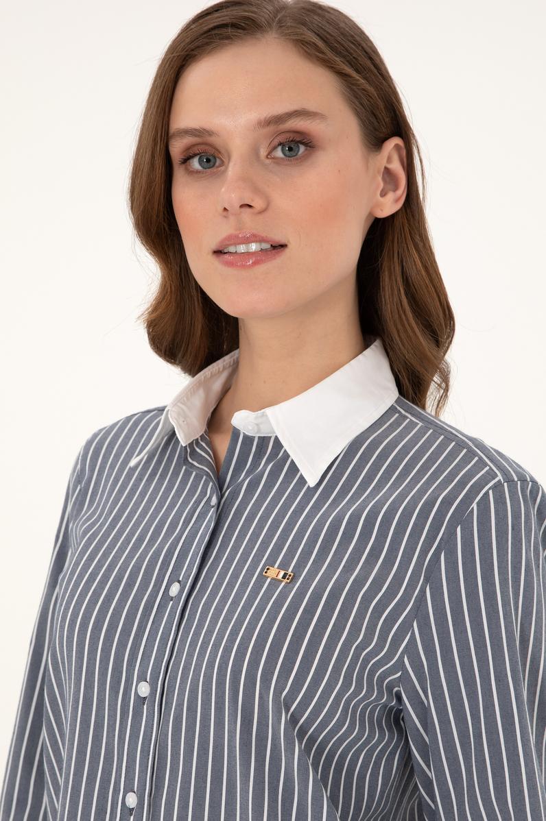 Kadın Lacivert Çizgili Uzun Kollu Tunik Gömlek