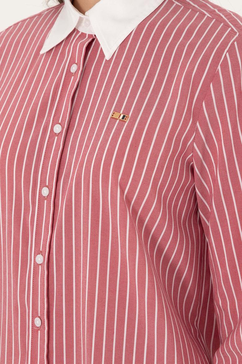 Kadın Vişne Çizgili Uzun Kollu Tunik Gömlek - 50297107019