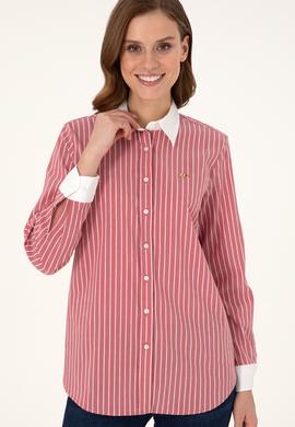 Kadın Vişne Çizgili Uzun Kollu Tunik Gömlek - 50297107019