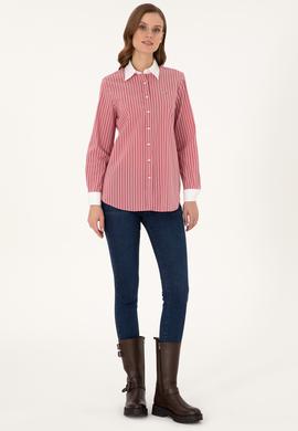 Kadın Vişne Çizgili Uzun Kollu Tunik Gömlek - 50297107019