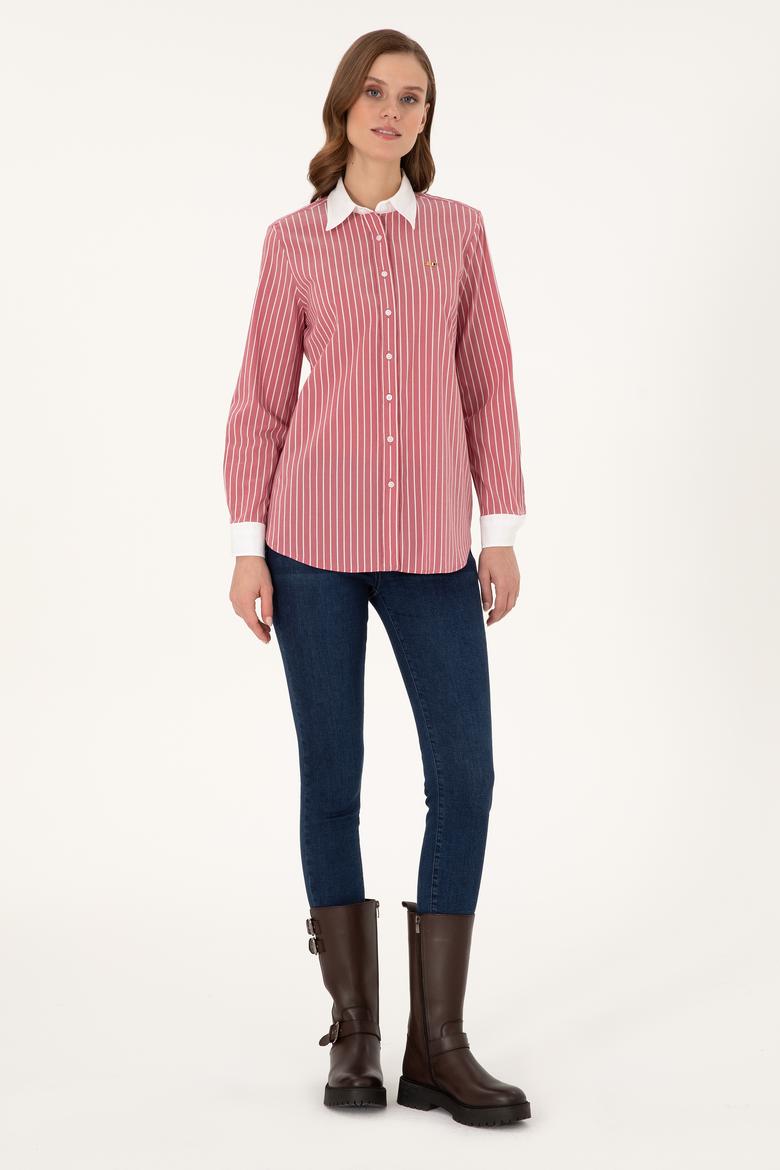 Kadın Vişne Çizgili Uzun Kollu Tunik Gömlek - 50297107019